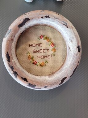 Handmade 'Home Sweet Home' Cross Stitch in Distressed Wood Frame